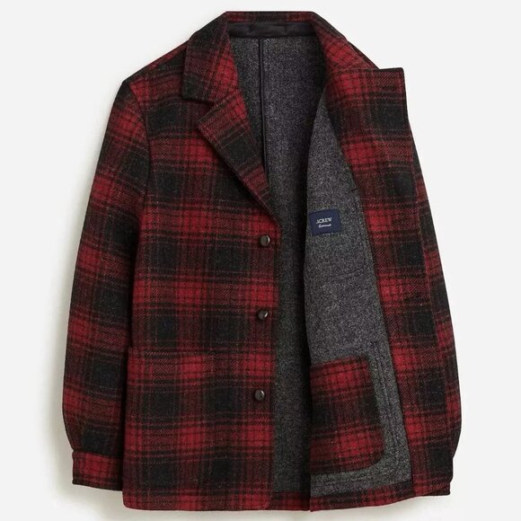 NWT J Crew 100% English Wool Ludlow Red & Black Plaid Overcoat